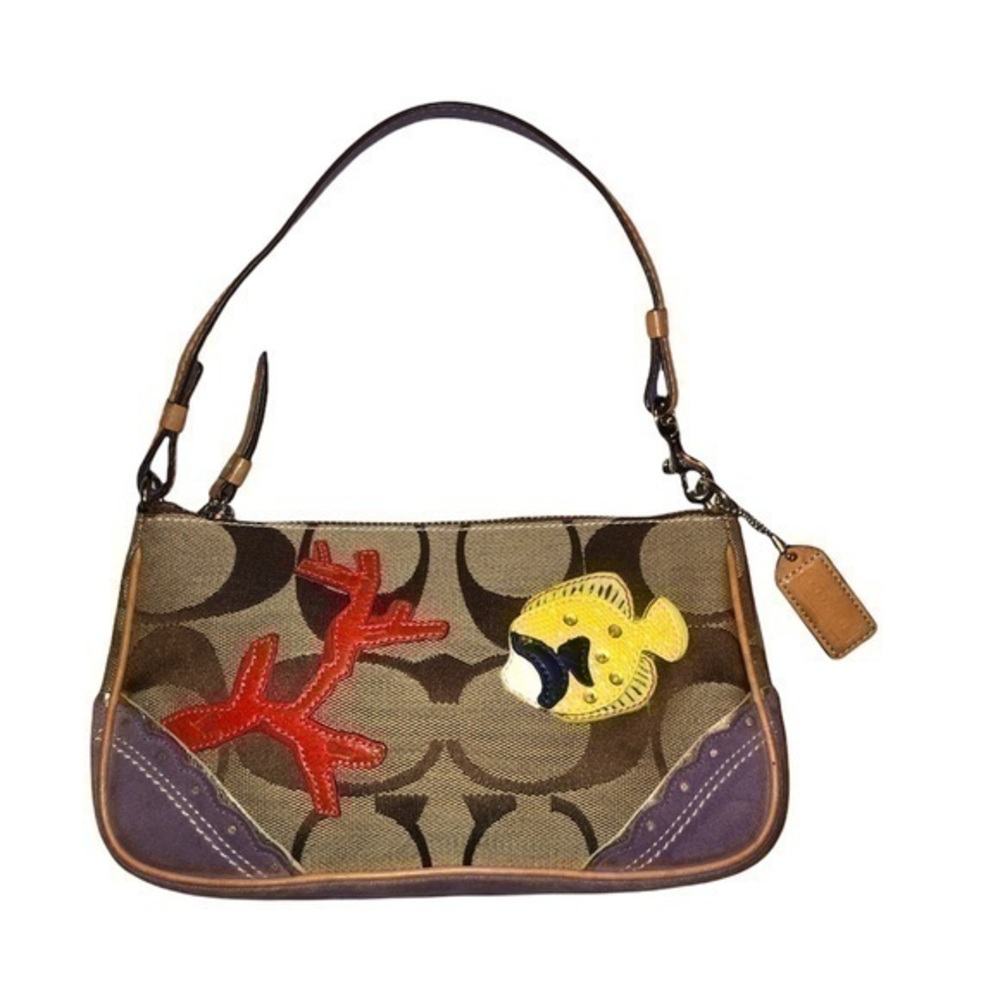 Coach signature c brown khaki rare fish lappliqué suede mini bag limited edition